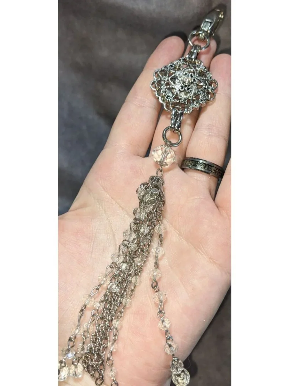 Glam Silver Crystal Tassel Keychain Filigree Rhinestone Beaded Bag Charm